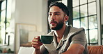 Home, couch and man with coffee for thinking, espresso and comfortable on weekend in living room. House, male person and blow in morning for hot cappuccino, beverage and relax with thoughts on sofa