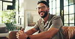 Home, sofa and face of happy man for relax, comfortable and self care for mental health in living room. House, male person and portrait on couch for chilling, resting and smile with peace in lounge