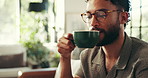 Relax, coffee and smile with man on sofa for with cup caffeine break, peace and beverage. Happiness, stress relief and mug of espresso with person in living room at home for antioxidants and latte