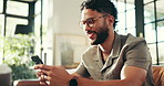 Relax, phone and typing with man on sofa for social media, streaming or online update. Networking app, conversation and post with person and mobile in living room at home for chat, smile and contact