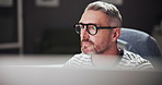 Business, thinking and man with glasses, computer and planning for project, internet and copywriting. Person, employee and journalist with pc, online reading and eyewear with research for article