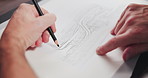 Hands, architect and drawing with building, design and lines with creativity, editing or process at company. Person, engineer and paper with writing, sketch or review for project management at agency