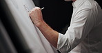 Hands, architect and paper with building design, lines and creativity for editing process at company. Person, engineer and sketch with writing, drawing and pencil for project management at agency