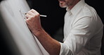Hands, architect and board with building design, lines and creativity for editing process at company. Person, engineer and sketch with writing, drawing and pencil for project management at agency