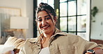 Home, sofa and face of happy woman for relax, comfortable or self care for mental health in living room. House, female person and portrait on couch for chilling, resting or smile with peace in lounge