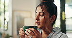 Home, couch and woman with smell for coffee, espresso and comfortable on weekend in living room. House, female person and blow in morning for warm cappuccino, beverage and aroma with relax on sofa