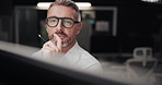 Business, drawing and man with engineering, thinking and illustration for project management. Employee, night and professional in workspace, solution and decision with building design or architecture