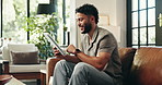 Browsing, smile and man with tablet, home and proud of project in living room, remote work and happy. Confident, web designer and review of design with tech in lounge, scroll and creative in house
