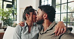 Couple, selfie and face with kiss on sofa, happy or connection with love for post on web in living room. People, man and woman with care, photography or memory for social media at house in Colombia