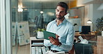 Thinking, tablet and research with business man in office for project manager, deadline schedule and reflection. Creative consultant, client solution and progress report with person for budget idea
