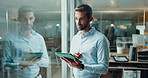 Thinking, tablet and smile with business man in office for project manager, deadline schedule and reflection. Creative consultant, client solution and progress report with person for budget idea