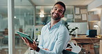 Face, tablet and happy with business man in office for project manager, deadline schedule and planning. Creative consultant, client feedback and progress report with person for budget tracking
