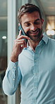 Phone call, conversation and man with smile, business and financial advisor with tech for communication. Office, person and consultation for insurance with contact, happy or discussion for life cover