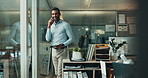 Phone call, happy and businessman with tablet, office and financial advisor with app or communication. Talking, person and consultation for insurance with tech, smile and discussion for life cover