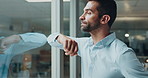 Thinking, future and window with business man in office for reflection, economist and auditor. Memory, brainstorming and corporate solution with person in agency for problem solving and vision