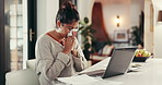 Laptop, freelance and sneeze woman in home with flu, cold or viral infection in kitchen. Remote work, sick and lady online with allergy, virus or burnout with sinusitis or hayfever with typing