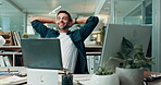 Break, relax and business man stretching, finish work and copywriter complete project on laptop. Peace of mind, smile and worker resting in office, thinking or freedom with calm in creative startup