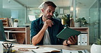 Accounting, tablet and writing with business man at desk in office for finance or planning. Audit, notebook and research with financial employee in workplace for bookkeeping or online tax review