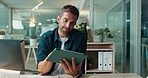 Office, night and businessman with tablet for reading, ux information and developer for application. Working late, male person and web designer with digital for seo tools, software update and smile