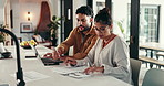 Laptop, writing or couple with financial documents checklist, budget and planning savings for teamwork. Calculator, investment and people organising bills for support, finance and household expenses