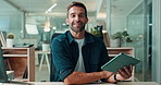 Happy, tablet and face of businessman in office at night for global client with investment proposal. Confident, digital technology and portrait of male financial manager with online revenue report.