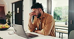Man, freelancer and eye strain with laptop, stress and burnout or brain fog in kitchen. Remote work, glasses and headache with pain, frustrated and challenge at computer in home for web 404 error