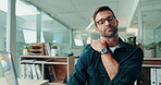 Stress, neck pain and businessman in office with budget, report and deadline for global client. Burnout, tired and financial advisor with fatigue for overtime, audit planning or profit administration