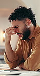 Man, freelancer and eye strain with laptop, headache and burnout or brain fog in kitchen. Remote work, glasses and stress with pain, frustrated and challenge at computer in home for web 404 error