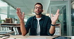 Business, face and video call with man talking at desk in office for virtual meeting or webinar. Development, explain and introduction with employee in workplace for online conference or workshop