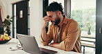 Man, remote work and headache with laptop, stress and burnout or brain fog in kitchen. Freelancer, glasses and eye strain with pain, frustrated and challenge at computer in home for web 404 error