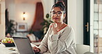 Face, budget and woman in home with laptop, money management and household bills. Financial documents, portrait and female person bookkeeping for accounting audit, investment growth or income report