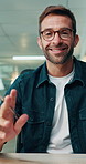 Face, video call and business man with greeting in startup for training, online meeting or virtual conference. Webinar, talk and happy creative worker in office for feedback or writing notes in pov