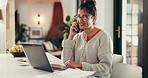 Phone call, laptop and businesswoman with communication in home office with client report. Contact, computer and freelance financial advisor on mobile discussion for investment negotiation in house.