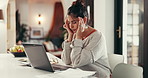 Woman, freelancer and eye strain with laptop, stress and burnout or brain fog in kitchen. Remote work, glasses and headache with pain, frustrated and challenge at computer in home for web 404 error