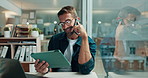 Tablet, phone call and businessman in office with email for company budget account with communication. Happy, communication and male financial manager on mobile discussion for report with technology.