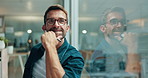 Office, thinking and man with ideas, smile and planning for creative problem solving or choice. Startup, reflection and web designer daydreaming for business growth, inspiration or opportunity