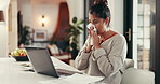 Laptop, remote work and sick woman in home with flu, cold or viral infection in kitchen. Freelance, sneeze and lady online with allergy, virus or burnout with sinusitis or hayfever with typing