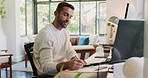 Computer, thinking and writing with man in home office for remote work or startup business. Administration, design and notebook with freelance employee in apartment for idea, planning or proposal