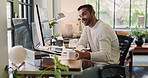 Computer, reading and thinking with man in home office for remote work or startup business. Administration, design and writing in notebook with freelance employee in apartment for idea or proposal