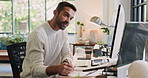 Computer, reading and writing with man in home office for remote work or startup business. Administration, notebook and typing with freelance employee in apartment for idea, planning or proposal