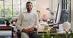 Computer, face and smile with man in home office for remote work or startup business. Administration, relax and web design with happy freelance employee in apartment for networking or planning