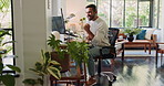 Computer, fist pump and winner with man in home office for remote work or startup business. Bonus, celebration and success with freelance employee in apartment for achievement, goals or target
