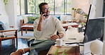 Computer, design and phone call with man in home office for remote work or startup business. Communication, conversation and smile with freelance employee in apartment for feedback or planning