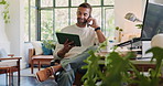 Phone call, tablet and thinking and writing with man in home office for remote work or startup business. Conversation, design and laptop with freelance employee in apartment for feedback or update