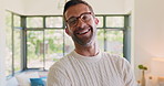 Home, man and face with laughing for glasses, vision and wellness with prescription for eye care. House, male person and portrait with happiness for spectacles, eyewear or optical health in apartment