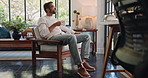 Break, coffee and thinking with man in living room of home for contemplation, relax or wellness. Future, idea and inspiration with happy person drinking caffeine beverage in apartment for mindfulness