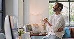 Happy, man and thinking to relax at house with coffee drink, weekend break and ideas of calm morning. Male person, thoughts and warm beverage for reflection, memory and planning of self care solution