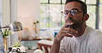 Man, reading and thinking in office for art critic, blog article inspiration and computer reflection. Gallery opinion, writer and brainstorming review with person for media agency, business or vision