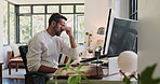 Stress, tired or man with eye strain by computer in home office, migraine or burnout for remote work. Headache, exhausted or overworked freelancer with pain, sick or vision fatigue with wrong glasses