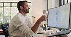 Computer screen, data and relax with man in home office for remote work as stock market investor. Infographic, statistics or trading and happy portfolio manager with hands behind head for target
